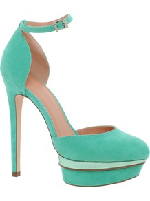 Parody Platforms - predominant colour: turquoise; secondary colour: pistachio; occasions: evening, occasion; material: fabric; ankle detail: ankle strap; heel: platform; toe: round toe; style: courts; finish: plain; pattern: colourblock; heel height: very high
