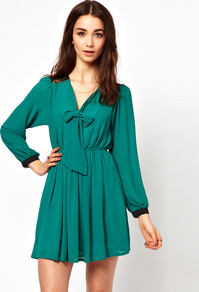 Dress With Bow - length: mid thigh; fit: fitted at waist; pattern: plain; style: blouson; neckline: pussy bow; sleeve style: balloon; waist detail: twist front waist detail/nipped in at waist on one side/soft pleats/draping/ruching/gathering waist detail; predominant colour: emerald green; occasions: casual, evening, occasion; fibres: polyester/polyamide - 100%; hip detail: soft pleats at hip/draping at hip/flared at hip; sleeve length: long sleeve; texture group: sheer fabrics/chiffon/organza etc.; pattern type: fabric