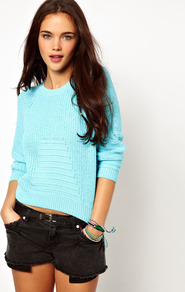 Jumper - neckline: round neck; sleeve style: raglan; pattern: plain; style: standard; predominant colour: turquoise; occasions: casual; length: standard; fibres: cotton - mix; fit: standard fit; sleeve length: 3/4 length; texture group: knits/crochet; trends: fluorescent; pattern type: knitted - other