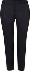 Sateen Crop Trousers Navy - pattern: plain; waist detail: fitted waist; hip detail: front pockets at hip; waist: mid/regular rise; predominant colour: navy; occasions: casual, evening, work; length: ankle length; fibres: cotton - stretch; texture group: structured shiny - satin/tafetta/silk etc.; fit: slim leg; pattern type: fabric; style: standard; embellishment: studs