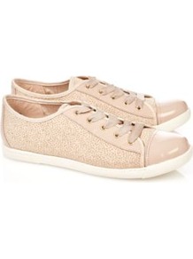 Patent And Glitter Canvas Trainers Wheat - predominant colour: nude; occasions: casual, holiday; material: fabric; heel height: flat; embellishment: glitter; toe: round toe; style: trainers; finish: patent; pattern: plain