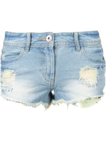 G21 Distressed Denim Shorts Cornflower - pattern: plain; style: shorts; pocket detail: traditional 5 pocket; length: short shorts; waist: mid/regular rise; secondary colour: white; predominant colour: pale blue; occasions: casual, holiday; fibres: cotton - stretch; texture group: denim; fit: slim leg; pattern type: fabric