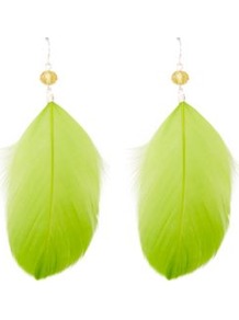 Feather Drop Earrings Emerald - predominant colour: lime; occasions: casual, evening, holiday; style: drop; length: long; size: large/oversized; material: chain/metal; fastening: pierced; trends: fluorescent; finish: plain; embellishment: feathers