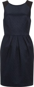 Noel Dress - style: shift; length: mid thigh; fit: tailored/fitted; pattern: plain; sleeve style: sleeveless; waist detail: fitted waist; predominant colour: navy; occasions: evening, work, occasion, holiday; fibres: cotton - mix; neckline: crew; hip detail: structured pleats at hip; sleeve length: sleeveless; trends: volume; pattern type: fabric; texture group: brocade/jacquard