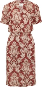 Mandarin Dress - style: tea dress; fit: fitted at waist; waist detail: twist front waist detail/nipped in at waist on one side/soft pleats/draping/ruching/gathering waist detail; predominant colour: true red; secondary colour: champagne; occasions: casual, work; length: on the knee; neckline: collarstand & mandarin with v-neck; fibres: viscose/rayon - 100%; sleeve length: short sleeve; sleeve style: standard; trends: statement prints; pattern type: fabric; pattern size: big & busy; pattern: patterned/print; texture group: other - light to midweight