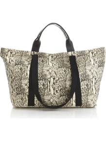 Snake Print Canvas Bag - predominant colour: stone; secondary colour: black; occasions: casual, holiday; type of pattern: standard; style: tote; length: handle; size: oversized; material: fabric; pattern: animal print; finish: plain