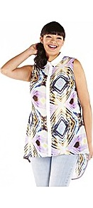 Multi Trippy Blouse With Contrast Collar And Dip - neckline: shirt collar/peter pan/zip with opening; sleeve style: sleeveless; length: below the bottom; style: shirt; secondary colour: white; occasions: casual, holiday; fibres: polyester/polyamide - 100%; fit: loose; back detail: longer hem at back than at front; predominant colour: multicoloured; sleeve length: sleeveless; texture group: sheer fabrics/chiffon/organza etc.; trends: statement prints; pattern type: fabric; pattern size: big & busy; pattern: patterned/print