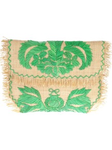 Woven Embroidered Clutch - predominant colour: emerald green; secondary colour: nude; occasions: casual, evening, occasion, holiday; type of pattern: standard; style: clutch; length: hand carry; size: small; material: macrame/raffia/straw; embellishment: embroidered; finish: plain; pattern: patterned/print