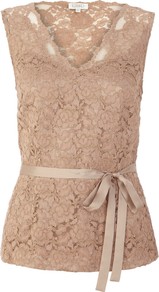 Lace Blouse, Neutral - neckline: low v-neck; sleeve style: sleeveless; style: blouse; waist detail: belted waist/tie at waist/drawstring; predominant colour: champagne; occasions: evening, work, occasion; length: standard; fit: body skimming; sleeve length: sleeveless; texture group: lace; pattern type: fabric; pattern size: standard; pattern: patterned/print; fibres: viscose/rayon - mix; embellishment: lace