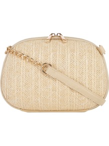 Hard Straw Evening Handbag, Natural - predominant colour: ivory; occasions: casual, evening, occasion; type of pattern: standard; style: shoulder; length: across body/long; size: small; material: macrame/raffia/straw; pattern: plain; finish: plain; embellishment: chain/metal
