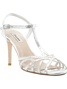 Hopeful T Bar Heeled Sandals - predominant colour: silver; occasions: evening, occasion, holiday; material: faux leather; heel height: high; ankle detail: ankle strap; heel: stiletto; toe: open toe/peeptoe; style: strappy; trends: metallics; finish: metallic; pattern: plain