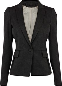 Herringbone Blazer, Dark Grey - style: single breasted blazer; collar: standard lapel/rever collar; pattern: herringbone/tweed; predominant colour: charcoal; occasions: work; length: standard; fit: tailored/fitted; fibres: polyester/polyamide - stretch; sleeve length: long sleeve; sleeve style: standard; collar break: low/open; pattern type: fabric; pattern size: big & busy; texture group: woven light midweight