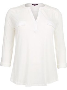 Inspire Cream 3/4 Sleeve Pocket Shift Shirt - neckline: v-neck; pattern: plain; style: shirt; bust detail: pocket detail at bust; secondary colour: white; predominant colour: ivory; occasions: casual, work; length: standard; fibres: cotton - 100%; fit: body skimming; hip detail: soft pleats at hip/draping at hip/flared at hip; sleeve length: 3/4 length; sleeve style: standard; pattern type: fabric; texture group: jersey - stretchy/drapey