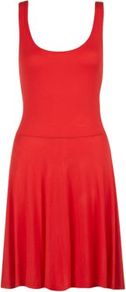 Red Sleeveless Skater Dress - sleeve style: standard vest straps/shoulder straps; pattern: plain; style: sundress; back detail: low cut/open back; predominant colour: true red; occasions: casual, holiday; length: just above the knee; fit: fitted at waist & bust; neckline: scoop; fibres: cotton - stretch; hip detail: soft pleats at hip/draping at hip/flared at hip; sleeve length: sleeveless; trends: volume; pattern type: fabric; texture group: jersey - stretchy/drapey