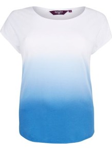 Inspire Blue And White Dip Dye T Shirt - neckline: round neck; style: t-shirt; secondary colour: white; predominant colour: diva blue; occasions: casual, holiday; length: standard; fibres: cotton - 100%; fit: body skimming; sleeve length: short sleeve; sleeve style: standard; pattern type: fabric; pattern size: standard; pattern: patterned/print; texture group: jersey - stretchy/drapey