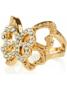 Gold Diamante Double Layer Butterfly Ring - predominant colour: gold; occasions: casual, evening, occasion, holiday; style: cocktail; size: standard; material: chain/metal; finish: metallic; embellishment: crystals; secondary colour: clear