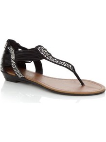 Black Diamante Elastic Strap Sandals - secondary colour: silver; predominant colour: black; occasions: casual, evening, holiday; material: faux leather; heel height: flat; embellishment: crystals; ankle detail: ankle strap; heel: wedge; toe: toe thongs; style: flip flops / toe post; finish: plain; pattern: plain