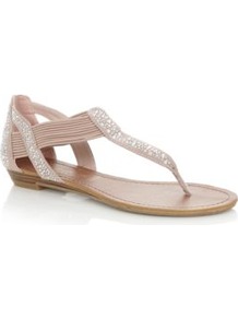 Nude Diamante Elastic Strap Sandals - predominant colour: nude; secondary colour: silver; occasions: casual, evening, holiday; material: fabric; heel height: flat; embellishment: crystals; ankle detail: ankle strap; heel: standard; toe: toe thongs; style: flip flops / toe post; finish: plain; pattern: plain