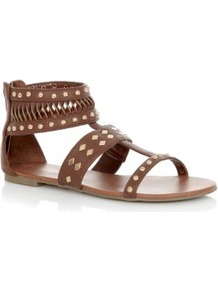 Tan Stud Zip Back Gladiator Flat Sandals - predominant colour: tan; occasions: casual, holiday; material: faux leather; heel height: flat; embellishment: studs; ankle detail: ankle strap; heel: block; toe: open toe/peeptoe; style: gladiators; finish: plain; pattern: plain
