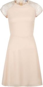 Shell Pink Lace Sleeve Chiffon Skater Dress - pattern: plain; shoulder detail: contrast pattern/fabric at shoulder; predominant colour: nude; occasions: evening, occasion; length: just above the knee; fit: fitted at waist & bust; style: fit & flare; fibres: polyester/polyamide - 100%; neckline: crew; sleeve length: short sleeve; sleeve style: standard; texture group: sheer fabrics/chiffon/organza etc.; pattern type: fabric; embellishment: lace