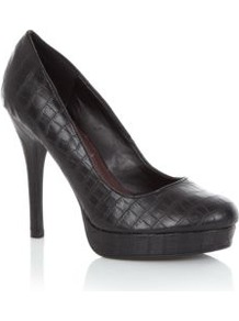 Black Snake Skin Platform Court Shoes - predominant colour: black; occasions: evening, work, occasion; material: faux leather; heel height: high; heel: platform; toe: round toe; style: courts; finish: plain; pattern: animal print