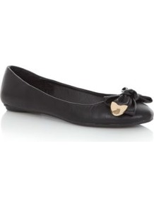 Black Metal Trim Bow Ballet Pumps - predominant colour: black; occasions: casual; material: faux leather; heel height: flat; toe: round toe; style: ballerinas / pumps; finish: plain; pattern: plain; embellishment: bow