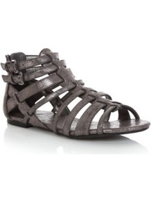 Pewter Double Buckle Gladiator Sandals - predominant colour: charcoal; occasions: casual, holiday; material: faux leather; heel height: flat; embellishment: glitter; ankle detail: ankle strap; heel: standard; toe: open toe/peeptoe; style: gladiators; trends: metallics; finish: metallic; pattern: plain