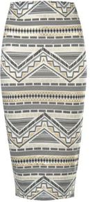 Gold And White Foil Aztec Midi Skirt - fit: tight; waist detail: elasticated waist; waist: mid/regular rise; predominant colour: white; secondary colour: gold; occasions: casual, evening, holiday; length: on the knee; fibres: polyester/polyamide - stretch; style: tube; trends: statement prints; pattern type: fabric; pattern size: standard; pattern: patterned/print; texture group: jersey - stretchy/drapey
