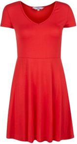 Coral V Neck Cap Sleeve Skater Dress - length: mid thigh; neckline: low v-neck; pattern: plain; predominant colour: true red; occasions: casual, work, holiday; fit: fitted at waist & bust; style: fit & flare; fibres: polyester/polyamide - stretch; hip detail: soft pleats at hip/draping at hip/flared at hip; sleeve length: short sleeve; sleeve style: standard; pattern type: fabric; texture group: jersey - stretchy/drapey