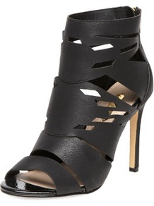 Black Cutout Shoeboots - predominant colour: black; occasions: evening, work, holiday; material: faux leather; heel height: high; embellishment: zips; heel: stiletto; toe: open toe/peeptoe; boot length: ankle boot; style: standard; finish: plain; pattern: plain
