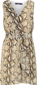 Beige Croc Print Chiffon Dress - style: faux wrap/wrap; neckline: low v-neck; sleeve style: sleeveless; waist detail: fitted waist; secondary colour: chocolate brown; predominant colour: stone; occasions: casual, evening; length: just above the knee; fit: body skimming; fibres: polyester/polyamide - 100%; sleeve length: sleeveless; texture group: sheer fabrics/chiffon/organza etc.; pattern type: fabric; pattern size: standard; pattern: animal print