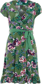 Green Cap Sleeve Midi Dress - style: faux wrap/wrap; neckline: v-neck; waist detail: belted waist/tie at waist/drawstring; predominant colour: emerald green; occasions: casual; length: on the knee; fit: body skimming; fibres: viscose/rayon - 100%; sleeve length: short sleeve; sleeve style: standard; bust detail: tiers/frills/bulky drapes/pleats; pattern type: fabric; pattern size: big & busy; pattern: florals; texture group: other - light to midweight
