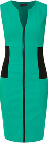 Green Stretch Dress - length: below the knee; neckline: low v-neck; fit: tight; sleeve style: sleeveless; style: bodycon; predominant colour: mint green; secondary colour: black; occasions: evening; fibres: viscose/rayon - stretch; sleeve length: sleeveless; pattern type: fabric; pattern: colourblock; texture group: other - clingy