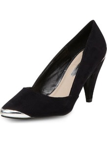 Black Metal Accent Courts - secondary colour: silver; predominant colour: black; occasions: casual, evening, work, occasion; material: fabric; heel height: mid; heel: cone; toe: pointed toe; style: courts; finish: plain; pattern: plain; embellishment: toe cap