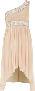 Coral/Stone Embellished Dress - neckline: off the shoulder; fit: empire; pattern: plain; sleeve style: sleeveless; bust detail: added detail/embellishment at bust; waist detail: embellishment at waist/feature waistband; predominant colour: nude; occasions: evening, occasion; length: just above the knee; style: asymmetric (hem); fibres: polyester/polyamide - 100%; hip detail: soft pleats at hip/draping at hip/flared at hip; shoulder detail: asymmetric shoulder detail/one shoulder; sleeve length: sleeveless; texture group: sheer fabrics/chiffon/organza etc.; pattern type: fabric; embellishment: beading