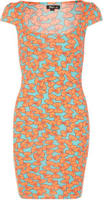 Orange Bow Printed Dress - length: mid thigh; sleeve style: capped; fit: tight; style: bodycon; secondary colour: turquoise; predominant colour: bright orange; occasions: casual, evening; neckline: scoop; fibres: polyester/polyamide - mix; sleeve length: sleeveless; texture group: jersey - clingy; pattern type: fabric; pattern size: big & busy; pattern: patterned/print