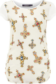 Cream Printed Top - neckline: round neck; sleeve style: capped; length: below the bottom; shoulder detail: contrast pattern/fabric at shoulder; back detail: contrast pattern/fabric at back; predominant colour: ivory; secondary colour: gold; occasions: casual, evening, work, holiday; style: top; fibres: polyester/polyamide - 100%; fit: body skimming; hip detail: dip hem; bust detail: contrast pattern/fabric/detail at bust; sleeve length: short sleeve; trends: statement prints; pattern type: fabric; pattern size: big & busy; pattern: patterned/print; texture group: jersey - stretchy/drapey
