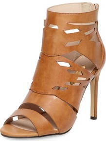Tan Cutout Shoeboots - predominant colour: tan; occasions: casual, evening, work, holiday; material: faux leather; heel height: high; embellishment: zips; heel: stiletto; toe: open toe/peeptoe; boot length: ankle boot; style: standard; finish: plain; pattern: plain