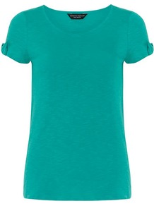 Jade Bow Sleeve Tee - neckline: round neck; pattern: plain; style: t-shirt; predominant colour: emerald green; occasions: casual, holiday; length: standard; fibres: cotton - 100%; fit: body skimming; sleeve length: short sleeve; sleeve style: standard; trends: fluorescent; pattern type: fabric; texture group: jersey - stretchy/drapey