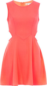 Neon Pink Cut Out Skater Dress - length: mid thigh; neckline: round neck; pattern: plain; sleeve style: sleeveless; predominant colour: coral; occasions: evening; fit: fitted at waist & bust; style: fit & flare; fibres: polyester/polyamide - 100%; hip detail: soft pleats at hip/draping at hip/flared at hip; waist detail: cut out detail; sleeve length: sleeveless; texture group: crepes; trends: fluorescent; pattern type: fabric