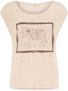 Tee With Diamanté Elephant - sleeve style: capped; bust detail: added detail/embellishment at bust; style: t-shirt; predominant colour: blush; secondary colour: stone; occasions: casual, holiday; length: standard; neckline: scoop; fibres: viscose/rayon - 100%; fit: body skimming; sleeve length: short sleeve; trends: statement prints; pattern type: fabric; pattern size: light/subtle; pattern: patterned/print; texture group: jersey - stretchy/drapey; embellishment: sequins