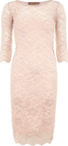 Nude Lace Dress - style: shift; length: below the knee; neckline: round neck; fit: tailored/fitted; pattern: plain; predominant colour: nude; occasions: evening, occasion; sleeve length: half sleeve; sleeve style: standard; texture group: lace; pattern type: fabric; fibres: nylon - stretch