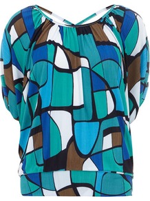 Navy Abstract Print Top - neckline: round neck; sleeve style: dolman/batwing; length: below the bottom; occasions: casual; style: top; fibres: cotton - stretch; fit: loose; back detail: crossover; predominant colour: multicoloured; sleeve length: half sleeve; pattern type: fabric; pattern size: standard; pattern: patterned/print; texture group: jersey - stretchy/drapey