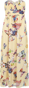 Cream/Multi Butterfly Maxi - neckline: strapless (straight/sweetheart); fit: empire; style: maxi dress; sleeve style: strapless; length: ankle length; bust detail: added detail/embellishment at bust; predominant colour: primrose yellow; occasions: evening, occasion; fibres: polyester/polyamide - 100%; sleeve length: sleeveless; texture group: sheer fabrics/chiffon/organza etc.; pattern type: fabric; pattern size: big & busy; pattern: patterned/print; embellishment: jewels