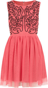 Pink Cornelli Contrast Dress - neckline: round neck; pattern: plain; sleeve style: sleeveless; waist detail: twist front waist detail/nipped in at waist on one side/soft pleats/draping/ruching/gathering waist detail; predominant colour: pink; secondary colour: black; occasions: casual, evening, occasion; length: just above the knee; fit: fitted at waist & bust; style: fit & flare; fibres: polyester/polyamide - stretch; sleeve length: sleeveless; trends: volume; pattern type: fabric; texture group: net/tulle; embellishment: lace