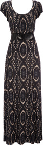 Brown Maxi Dress - sleeve style: capped; style: maxi dress; waist detail: belted waist/tie at waist/drawstring; secondary colour: nude; predominant colour: black; occasions: casual, evening, holiday; length: floor length; fit: body skimming; neckline: scoop; fibres: viscose/rayon - stretch; sleeve length: short sleeve; trends: statement prints; pattern type: fabric; pattern size: standard; pattern: patterned/print; texture group: jersey - stretchy/drapey