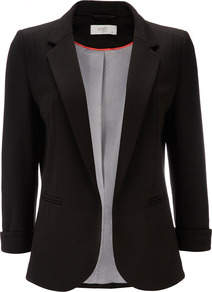 Black Petite Jacket - pattern: plain; style: single breasted blazer; length: below the bottom; collar: standard lapel/rever collar; predominant colour: black; occasions: casual, evening, work; fit: tailored/fitted; fibres: polyester/polyamide - stretch; sleeve length: 3/4 length; sleeve style: standard; collar break: low/open; pattern type: fabric; texture group: other - light to midweight