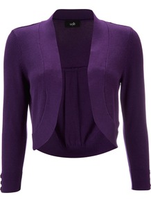 Purple Shrug - pattern: plain; style: bolero/shrug; length: cropped; neckline: collarless open; predominant colour: purple; occasions: casual, work, occasion; fibres: cotton - mix; fit: standard fit; sleeve length: 3/4 length; sleeve style: standard; texture group: knits/crochet; pattern type: knitted - fine stitch
