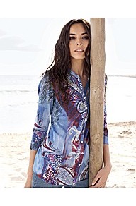 Print Artistic Button Blouse - style: shirt; occasions: casual, holiday; length: standard; neckline: collarstand; fibres: cotton - 100%; fit: body skimming; predominant colour: multicoloured; sleeve length: 3/4 length; sleeve style: standard; texture group: cotton feel fabrics; trends: statement prints; pattern type: fabric; pattern size: standard; pattern: patterned/print