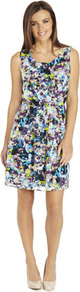 Floral Chiffon Dress - sleeve style: wide vest straps; style: tea dress; neckline: round neck; fit: fitted at waist; waist detail: elasticated waist; occasions: casual, evening, occasion, holiday; length: just above the knee; fibres: polyester/polyamide - 100%; predominant colour: multicoloured; sleeve length: sleeveless; texture group: sheer fabrics/chiffon/organza etc.; trends: high impact florals; pattern type: fabric; pattern size: standard; pattern: florals